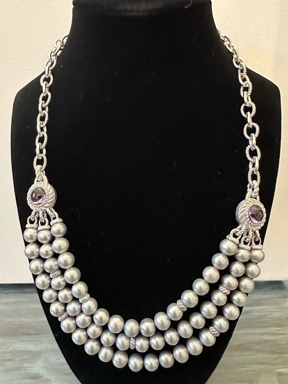 Judith Ripka 925 Silver Heavy 86g 3-Strand Pearl Amethyst Chain Necklace 10”